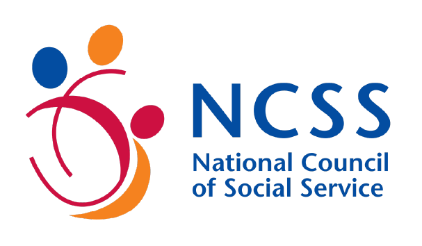 Logo of National Council of Social Service. The logo contains an abstract pattern on the left, in red, blue and yellow. The capital letters NCSS are on the right, and below them are the text National Council of Social Service in smaller font. All text is in blue.