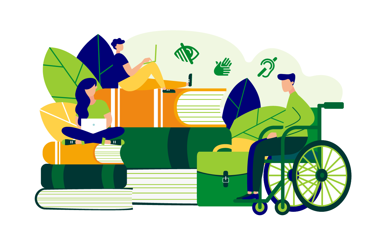 Graphic of a wheelchair user and 2 other people sitting on oversized books. There are various disability symbols in the background.